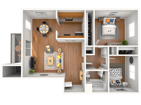 A 3D rendered image of a small apartment layout.